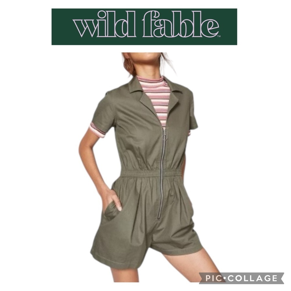 Wild Fable Short Sleeve Full front zip Woven Romper Olive green size medium